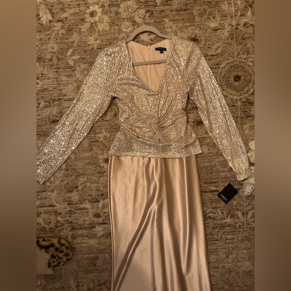 MARINA Silver Sequin Long Sleeve Dress